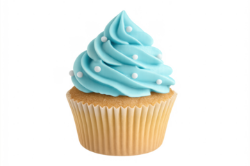 Cupcake with blue frosting and white sprinkles celebrating party