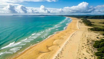 Breathtaking aerial view of vibrant turquoise water meeting golden sand on a sunny tropical beach