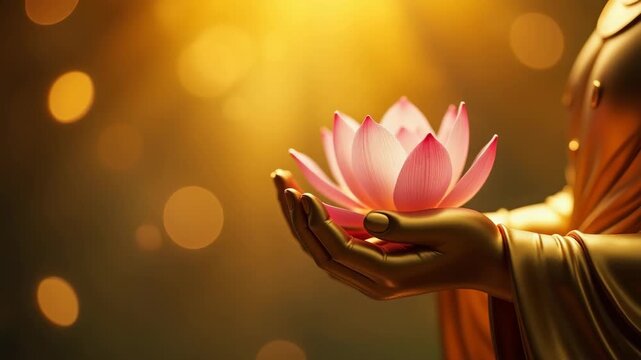 Golden buddha hands holding a pink lotus flower with bokeh lights in a spiritual setting, symbolizing peace and enlightenment, concept of meditation centers, yoga studios, and spiritual retreats.