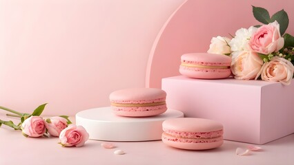 Elegant pink macarons with delicate roses, perfect for Valentine's Day promotions, bakery menus, or charming dessert shop ads that evoke joy and sweetness