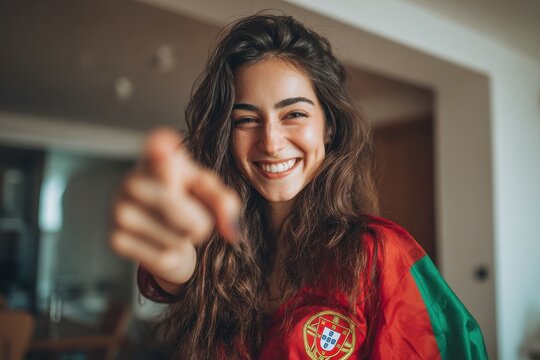 Confident young woman at home pointing at the camera with a Portugal flag