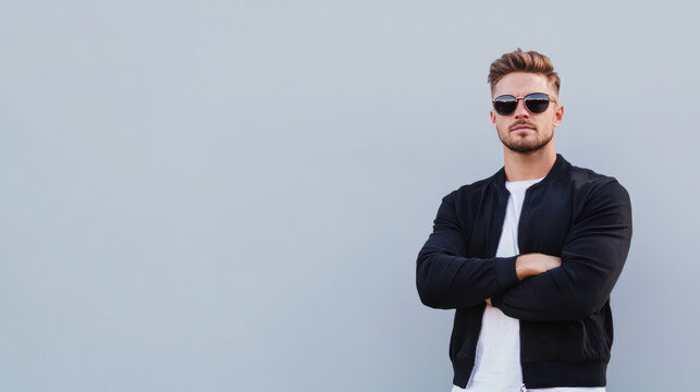 Confident man wearing sunglasses and black bomber jacket stands against gray wall, exuding stylish and relaxed vibe