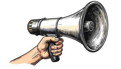 Hand Holding Megaphone for Public Announcement.