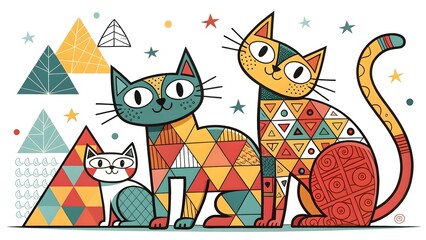 Charming family of cats with colorful geometric patterns brings whimsical joy to any creative project