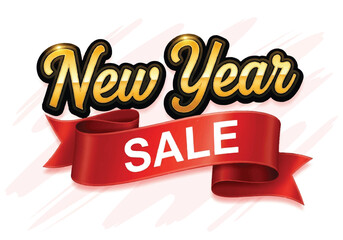 Festive new year sale design with golden lettering and red ribbon, perfect for holiday promotions and attracting customers