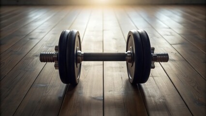 An adjustable dumbbell resting on a wooden gym floor under a warm cinematic light