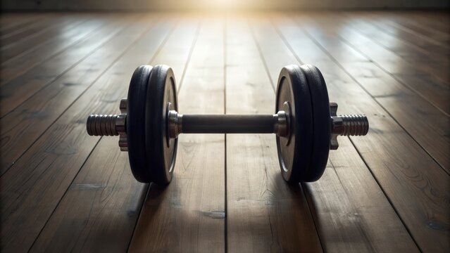 An adjustable dumbbell resting on a wooden gym floor under a warm cinematic light