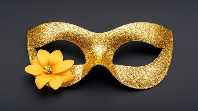 Captivating golden carnival mask adorned with glitter and a vibrant flower set against a black background. Perfect for parties, masquerades, and festive occasions