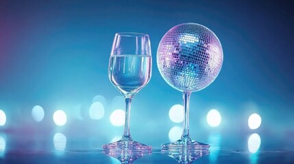 Set against a dark background, a sparkling disco ball reflects vibrant lights beside champagne glasses. This lively setup evokes a sense of celebration, perfect for parties or special occasions