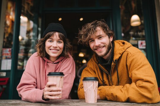 Happy diverse couple enjoying takeaway coffee at an outdoor cafe