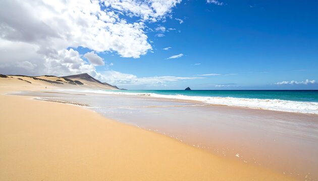 Wide-angle shot of a scenic beach with light sand, gentle waves, a distant island, and a cloudy sky over a blue ocean
