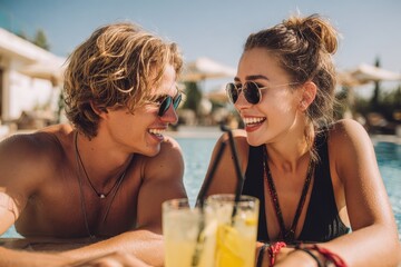Joyful couple enjoying lemonade poolside having a great time