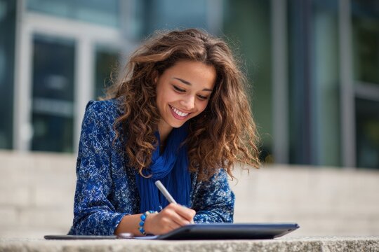 Joyful college student using a tablet and stylus - Powered by Adobe