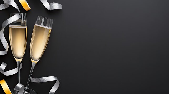 This vibrant New Year's Eve party setup features two elegantly filled champagne glasses surrounded by sparkling silver ribbons, all set against a classy black backdrop filled with bokeh lights
