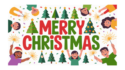 Festive Joy: Illustration of Merry Christmas with Kids and Holiday Elements, capturing the spirit of winter holiday and kids joy.