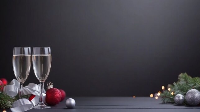 Champagne glasses filled with bubbly sit gracefully against a black backdrop, adorned with silver ribbons and festive ornaments, creating an elegant atmosphere for New Year's Eve celebrations