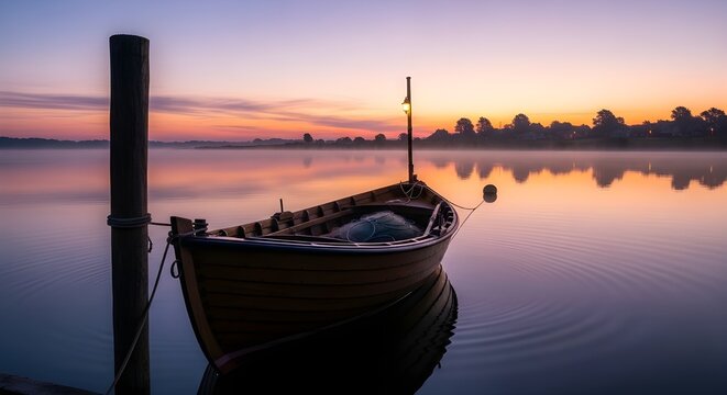 Small fishing boat moored at a tranquil lake during a colorful sunrise.