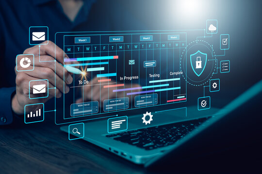 Digital Project Management Dashboard with Data Analytics, Business Planning Interface, and Holographic Task Tracking for Modern Technology Workflow