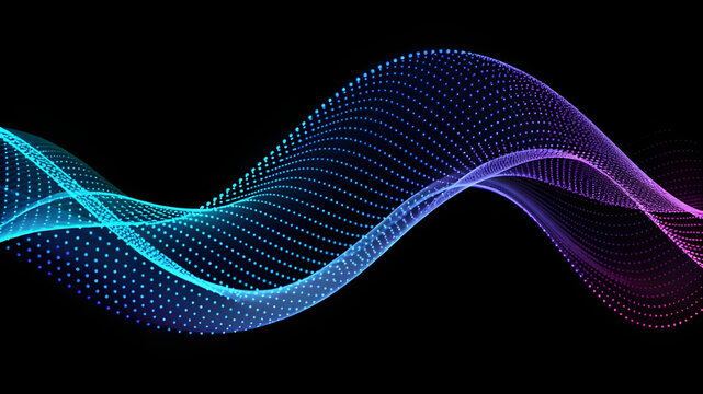 Abstract neon wave of digital particles on black background