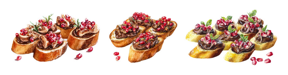 Watercolor set of exquisite bruschetta with white bread, pate and pomegranate.. Filling of meat pate decorated with fresh pomegranate seeds and herbs. Appetizer for a buffet.