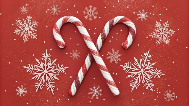 Festive candy canes and snowflakes on bright red background create joyful holiday spirit for Christmas designs - Powered by Adobe