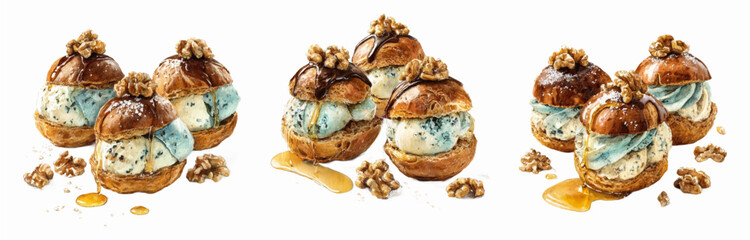 Watercolor set of profiteroles. Shu rolls filled with a creamy blue cheese filling. The pastries are decorated with walnuts and drizzled with honey. Delicate desserts. Vector illustration.