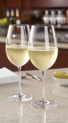 Obraz premium Two glasses of chilled white wine rest on a polished bar table, inviting patrons to enjoy a leisurely moment in a warm, relaxed atmosphere