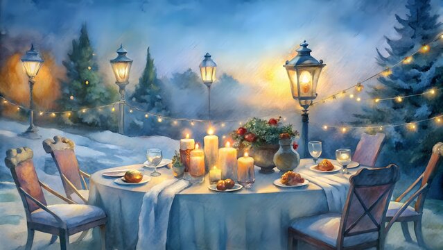 Elegant winter evening dinner party with glowing candles and string lights creates a festive ambiance