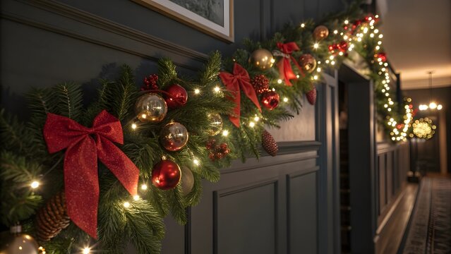 Elegant Christmas garland with lights and ornaments creates a warm holiday atmosphere for festive home decor - Powered by Adobe