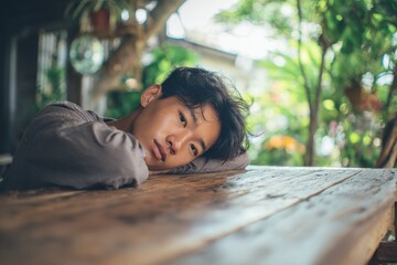 Pensive young Thai man lounging at a wooden table appearing bored and tired
