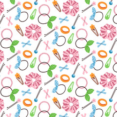 Hair scrunchies accessories Seamless Pattern. Hairdressing ribbon, equipment fashionable, rubber, hairdressing pin and clip, bands. Background. Vector illustrations