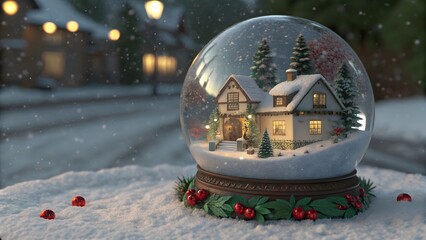 Magical snow globe with cozy winter home, perfect for holiday greetings and festive marketing campaigns