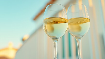 Two stylish glasses of white wine are elegantly displayed on a table, glowing with golden light in a contemporary restaurant ambiance, perfect for social gatherings or business discussions