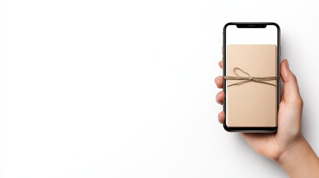 A hand reaches out, holding a cardboard box that is emerging from a smartphone screen. The setting is minimalistic with a clean white background, suggesting themes of online shopping or delivery - Powered by Adobe