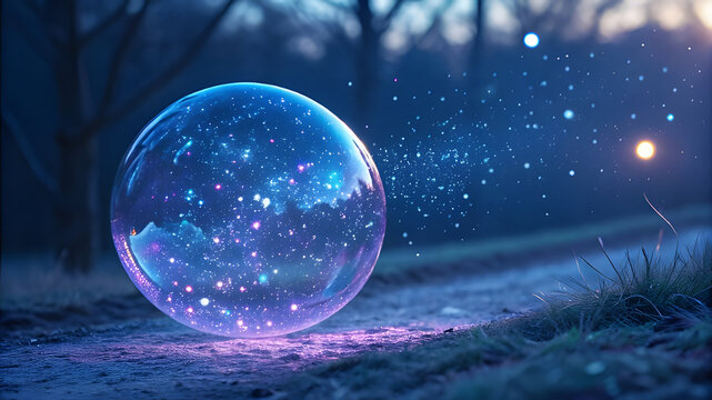 Magical glowing orb rests on a forest path at dusk