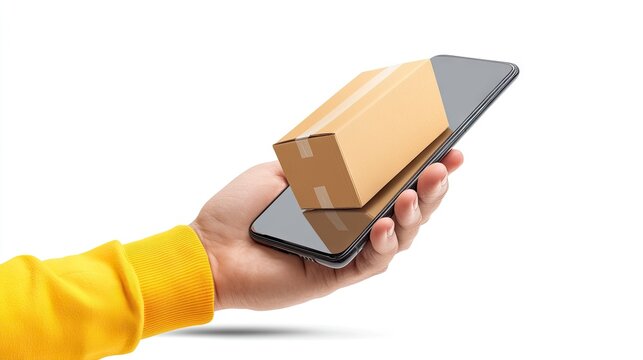 A hand reaches from a smartphone screen to hold a cardboard box, symbolizing the convenience of online shopping. This captures the essence of modern delivery and e-commerce trends