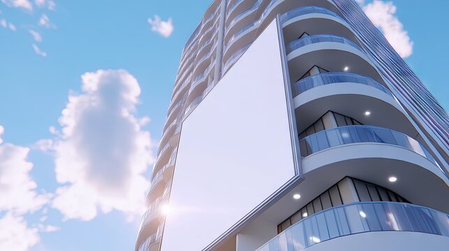 A modern white high-rise apartment building in Bangkok features an empty billboard on its side against a bright blue sky with clouds. Daylight enhances the scene's vibrant colors