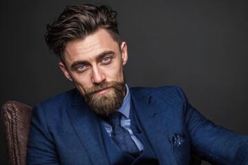 Obraz premium Attractive young man with a beard and blue eyes seated in a chair wearing a suit and tie posed against a black to grey gradient backdrop