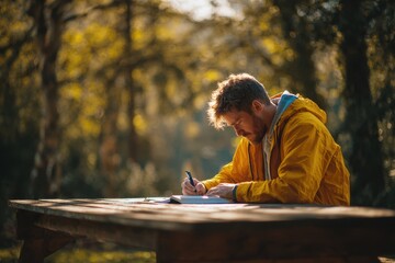 Attractive young man outdoors in the forest writing a book and taking notes at a wooden table