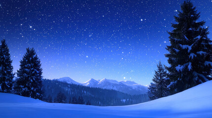 Serene winter landscape featuring snow covered mountains under starry night sky. tranquil scene evokes sense of peace and wonder