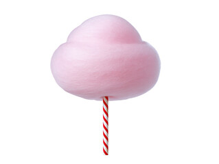 Pink cotton candy on striped stick, fluffy and sweet, isolated on transparency background, evokes childhood memories and fun at fairs or carnivals
