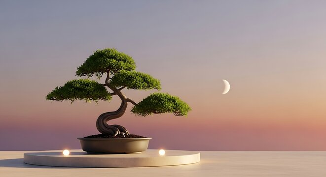 Tranquil bonsai tree composition with the crescent moon at serene sunset