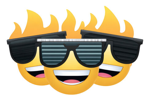 Cool fire emoji flame sunglasses happy smile fun digital art cartoon expressive modern joyful trendy playful yellow face emotion excitement illustration character icon symbol internet meme