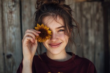 A playful brunette girl squints one eye behind a sunflower surrounded by old wood in a summer sunset