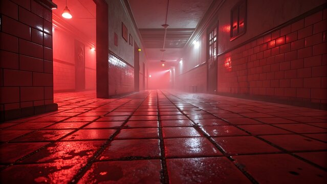 Eerie red hallway disappearing into misty distance creates suspenseful atmosphere for thriller movie scene