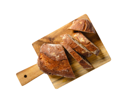 Artisan bread slices wooden board angled transparent background PNG mockup design
