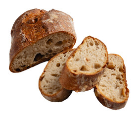 Artisan walnut bread slices showing open crumb interior transparent background PNG. Graphic resource bakery specialty bread isolated mockup