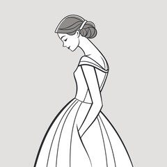 Elegant silhouette of a bride in a wedding dress. Minimalist illustration for card or invitation.