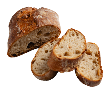 Artisan walnut bread slices showing open crumb interior transparent background PNG. Graphic resource bakery specialty bread isolated mockup