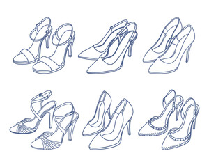 Collection of elegant womens high heels shoes. Sketch.